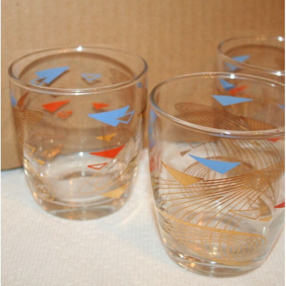 (3) VTG MCM Charley Harper Anchor Hocking Futuristic Atomic Boomerang Bar Glass
